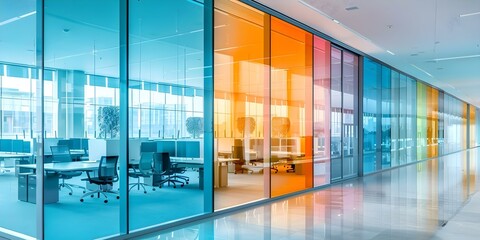 Wall Mural - Colorful Building with Glass Windows: A Modern Modular Office Space Offering Urban Views. Concept Urban Architecture, Glass Facade, Modern Office Design, Colorful Buildings, City Skylines