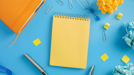 Leinwandbilder - Yellow blank sticky notes on top of empty notebook and isolated on blue background with other objects like pen paper clip binder clip crumpled paper Open notepad with office supplies : Generative AI