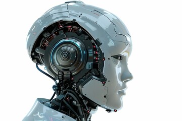 Fototapete - A detailed 3D rendering of an AI robot head with a digital brain engine inside, isolated on a white background. Generative AI