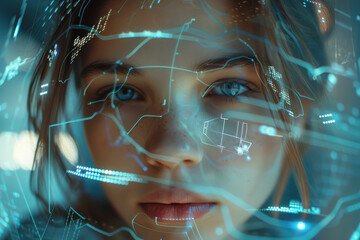 Wall Mural - A close up of a woman 's face with a futuristic screen behind her