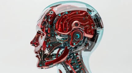 Poster - A 3D model of a human head with a digital graphic brain engine inside is displayed against a white background. Generative AI