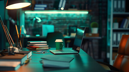 Leinwandbilder - Desk workspace  Business Objects in the office on black table background : Generative AI