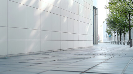 Poster - large modern building with high white wall near empty sidewalk covered with grey stone tiles on city street in spring : Generative AI