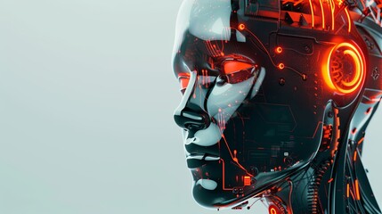 Wall Mural - Close-up view of an Artificial Intelligence robots head featuring glowing eyes and a digital graphic brain engine, isolated on a white background. Generative AI