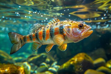 Peacock Bass swimming in clear waters, ideal for freshwater fishing enthusiasts.