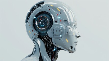 Leinwandbilder - The head of an AI robot with a digital graphic brain engine inside is shown in the background. Generative AI