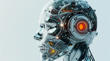 Leinwandbilder - The head of an AI robot, with a red light shining on it, showcasing digital brain engine technology. Rendered in 3D, isolated on a white background. Generative AI