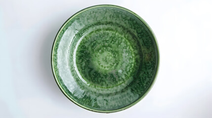 Aufkleber - Empty trendy handmade ceramic dish tablewares Round empty plate green texture vintage classic pattern isolate on white background top view cut out : Generative AI