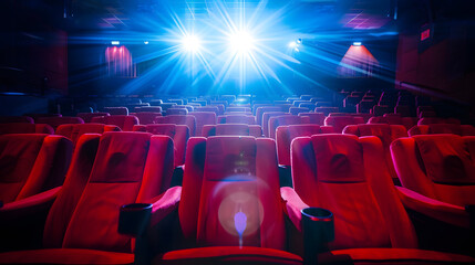 Aufkleber - stage light hitting red cloth seats in theater  movie theater : Generative AI