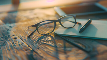 Aufkleber - Medium camera format glasses smartphone pen and notepad on wood : Generative AI