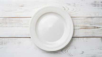 Poster - An empty plate on a white wooden table Top view : Generative AI