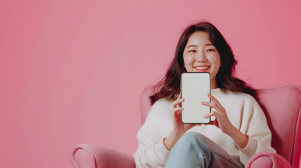 Aufkleber - Portrait of happy Asian woman showing smartphone with white blank screen in hand sitting in armchair isolated on pink backgroundGadget with empty free space for mockup banner : Generative AI