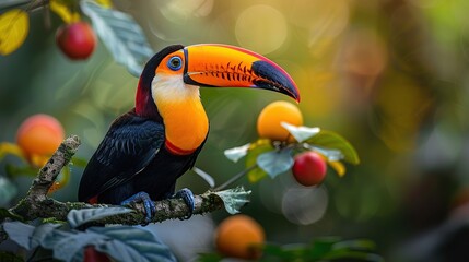 Wall Mural - Close-up view of a Toco toucan on a branch in blur background.