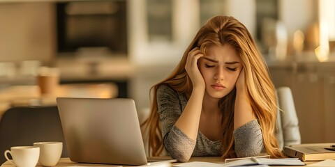 Wall Mural - Stressed female student at home desk feeling tired and overwhelmed with homework. Concept Overwhelmed Student, Stressful Homework, Home Study Space, Exhausted Student, Academic Pressure