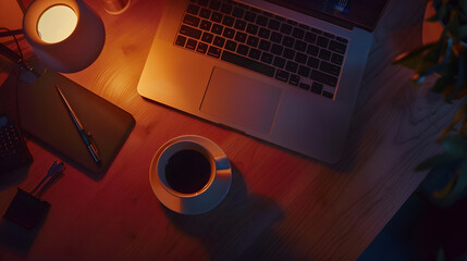 Leinwandbilder - Top view of office table Wood office desk table with laptop cup of coffee and supplies : Generative AI