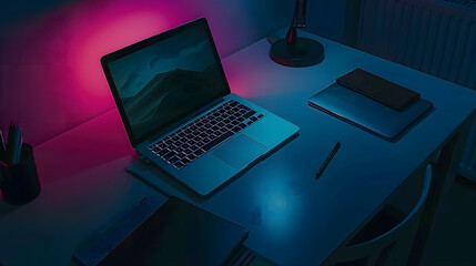 Aufkleber - laptop computer with screen and stationery on dark table : Generative AI