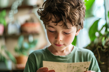 A Generation Alpha boy examines a piece of plantable seed paper with great interest, exploring the concept of growth and sustainability. 10 years old guy on workshop portrait