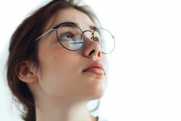 Sticker - A contemplative girl in glasses, detached from the backdrop, cropped from the background, with no background. Concept of thoughtfulness and introspection. Generative Ai.