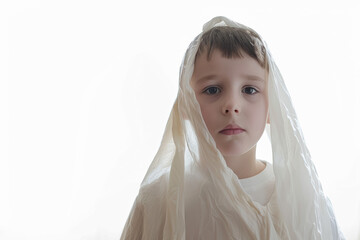 Poster - A mischievous boy in a Halloween ghost costume, detached from the surroundings, isolated from the background, with no background. Concept of mischief and fun. Generative Ai.