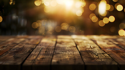 Poster - The empty wooden brown table top with blur background of home room in winter Exuberant image : Generative AI