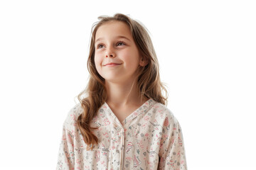 Sticker - A contented girl in pajamas, standing alone against a white background, devoid of surroundings. Concept of bedtime comfort and relaxation. Generative Ai.