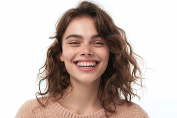 Sticker - A cheerful woman with a bright smile, isolated from the background, cut out from the background, with no background. Concept of happiness and positivity. Generative Ai.