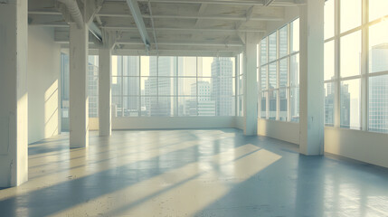 Aufkleber - Empty loft room with white walls city view and concrete floor 3D Render : Generative AI