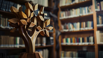 Fototapete - Wooden tree with books on blur background of library with bookshelf Flawless : Generative AI