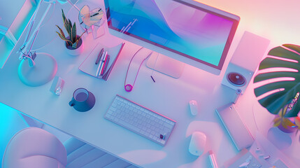 Fototapete - Office desktop with computer and accessories Top view : Generative AI