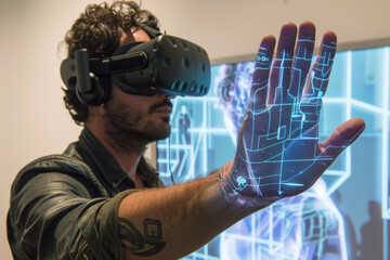 Canvas Print - A man wearing a virtual reality headset looks at his hand