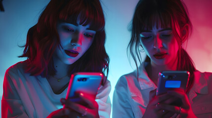 Leinwandbilder - Concept Network messengers Young women couple use phones with hands : Generative AI