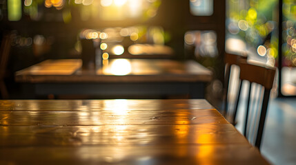 Aufkleber - Blurry cafe restaurant or coffee shop background and perspective view of wooden table corner : Generative AI
