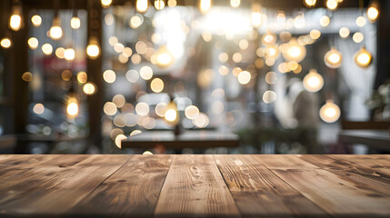 Poster - Empty wooden background for your display space Blurred bokeh background of cafe window reflections of holiday lanterns with empty wooden tabletop for your product : Generative AI