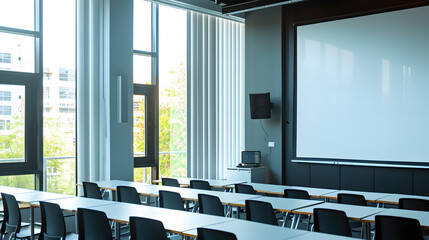 Poster - Projector screen canvas in modern conference room with big windows Side viewEmpty classroom or presentation room interior with desks chairs and whiteboard : Generative AI