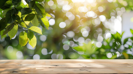 Aufkleber - Empty wood table top and blurred white wall in garden background with Green leaves  can used for display or montage your products : Generative AI