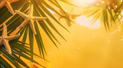 Wall Mural - Tropical Background Palm Trees Branches with blurred starfish on yellow background Holiday Travel Copy space : Generative AI