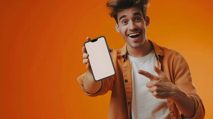 Aufkleber - Mobile App Advertisement Handsome Excited Man Showing Pointing At White Empty Smartphone Screen Posing Over Orange Studio Background Smiling To Camera Check This Out Cellphone Display  : Generative AI