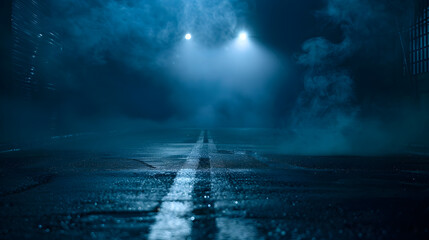 Poster - A dark empty street dark blue background an empty dark scene neon light spotlights The asphalt floor and studio room with smoke float up the interior texture night view : Generative AI
