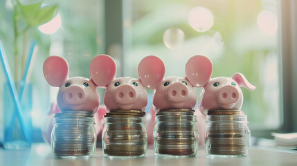 Poster - Background of coins stacks in pig jar with empty label banner profession business saving plan for family invest longterm in retirement real estate wealth management investment : Generative AI
