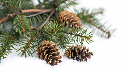 Aufkleber - Branches green spruce with cones on snow on white background : Generative AI