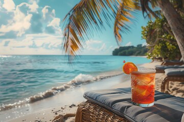Wall Mural - A refreshing cocktail with a vibrant garnish sits on a beach chair beneath a towering palm tree. The turquoise water beckons in the distance.