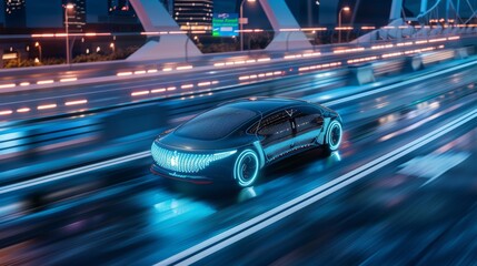 Wall Mural - Autonomous electric car driving on a smart road - stock photography hyper realistic 