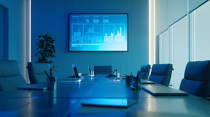 Aufkleber - Modern Empty Meeting Room with Big Conference Table with Various Documents and Laptops on it on the Wall Big TV with Big Data Statistics Talks about Company Growth Contemporary Designe : Generative AI