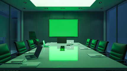 Leinwandbilder - Modern Empty Meeting Room with Big Conference Table with Various Documents and Laptops on it on the Wall Big TV with Green Chroma Key Screen Contemporary Minimalistic Designed Workplac : Generative AI