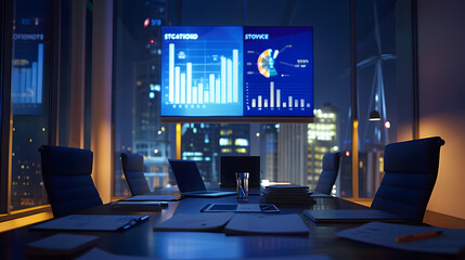 Fototapete - Modern Empty Meeting Room with Big Conference Table with Various Documents and Laptop on it Wall TV Showing Companys Growth Statistics Graphs and Pie Charts Late Evening or Night City  : Generative AI