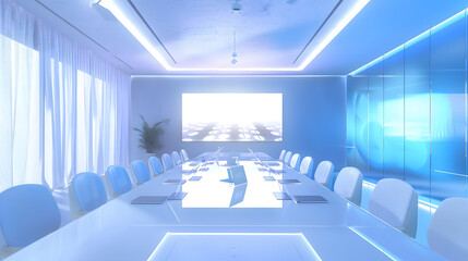 Fototapete - Modern Empty Meeting Room with Big Conference Table with Various Documents and Laptops on it on the Wall Big TV with Big Data Statistics Talks about Company Growth Contemporary Designe : Generative AI