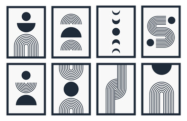 Wall Mural - set of dark blue line boho poster geometric shape set. abstract pattern, design line art, trendy boh