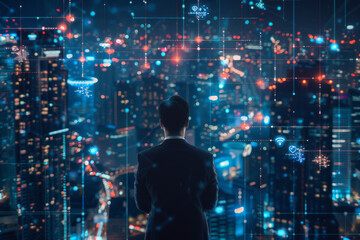 Wall Mural - A man in a suit looks out over a city at night