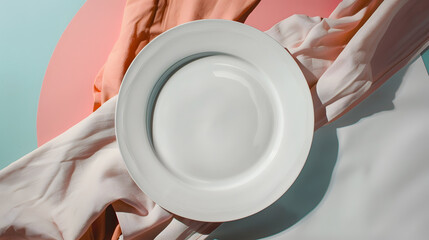 Aufkleber - Top view on colored background empty round white plate on tablecloth for food Empty dish on napkin with space for your design : Generative AI