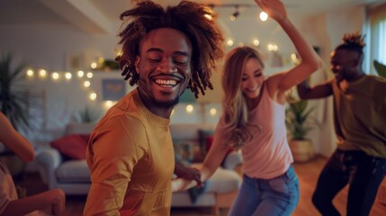 Smiling friends dancing at home hyper realistic 